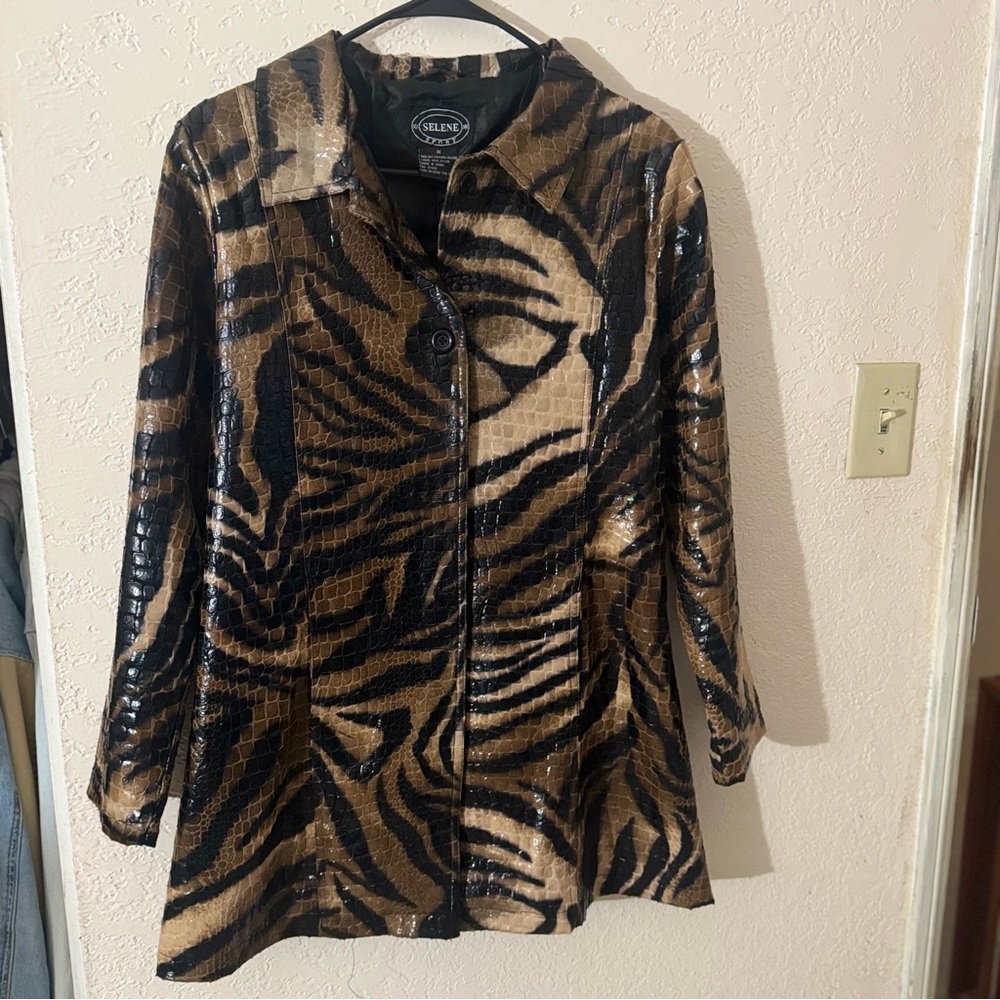 Womens Vintage Selene Sport Tiger Print/Faux Alligator Skin Trench Coat Size Med